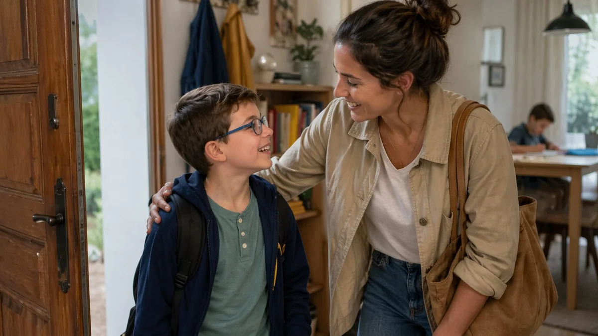 Mère accueillant son enfant en situation de handicap au retour de l'école, illustration de l'accompagnement périscolaire