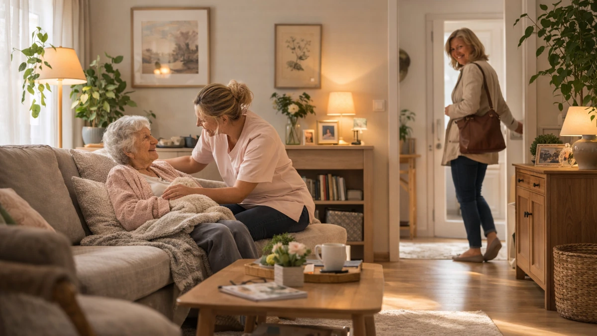 Aidant familial rémunéré accompagnant sa mère âgée à domicile pendant qu'une intervenante professionnelle prend le relais