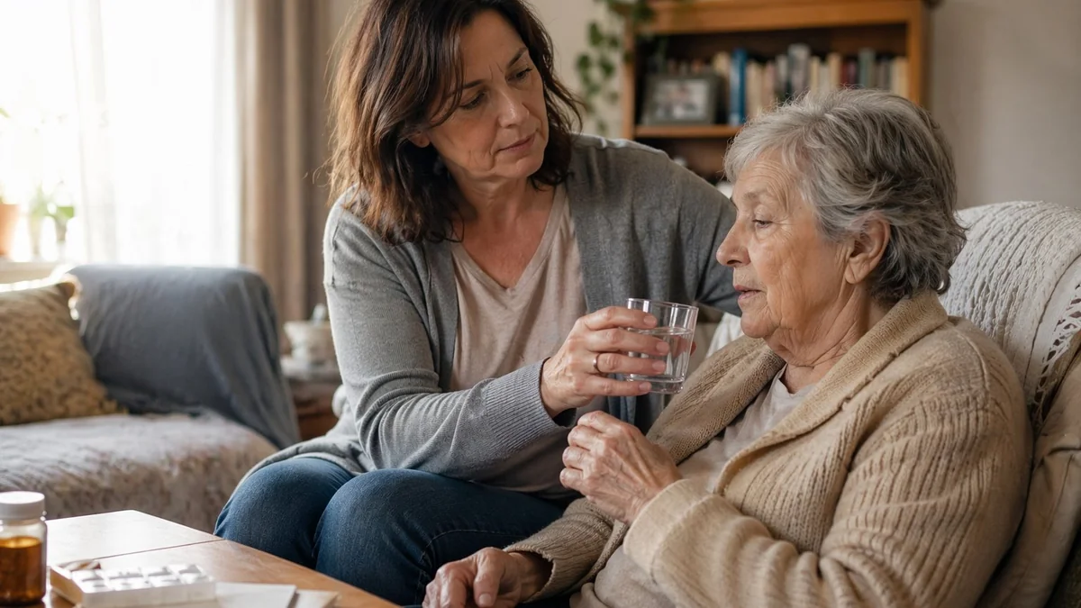Aidante donnant un verre d'eau à sa mère âgée à domicile, situation typique d'un aidant familial sans le savoir