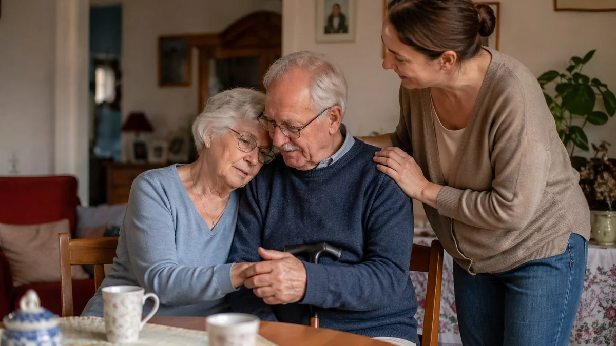 Couple âgé soutenu par une auxiliaire de vie à domicile, illustration de l'aide à domicile pour un couple de personnes âgées