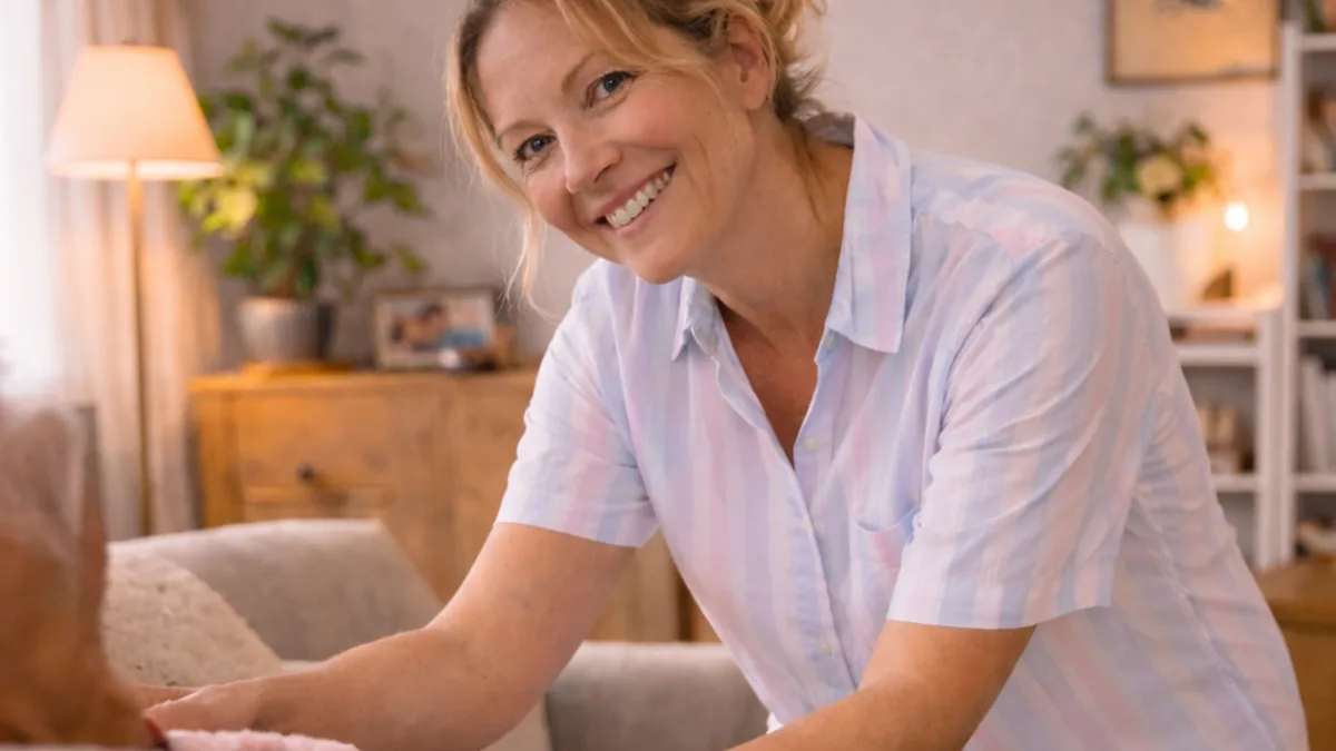 Auxiliaire de vie souriante aidant une personne à domicile Crédit d'impôt aide à domicile déclaration 2026