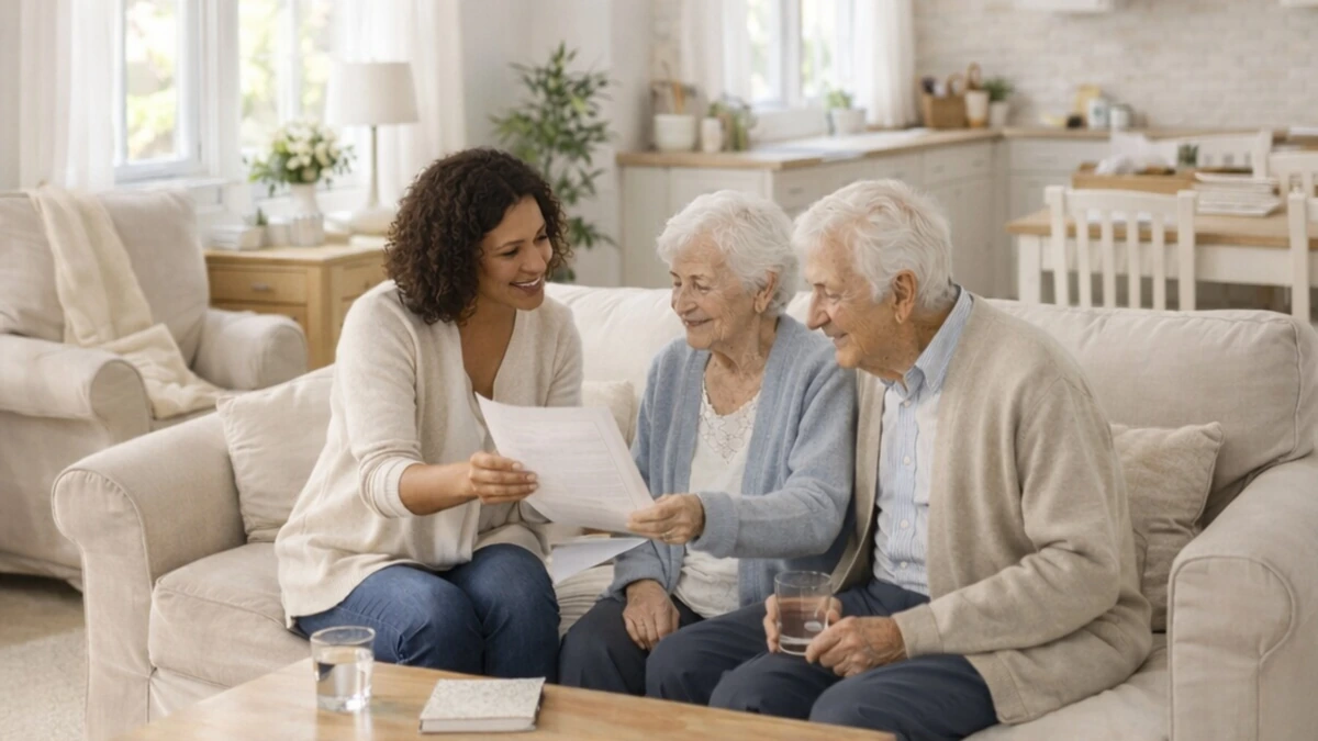 MaPrimeAdapt 2026 : conseillère AMO présentant le dossier d'adaptation du logement à un couple de seniors à domicile