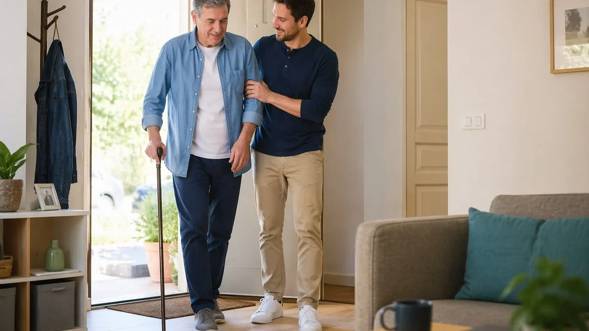 Patient âgé avec canne accompagné par son fils lors du retour à domicile après un AVC