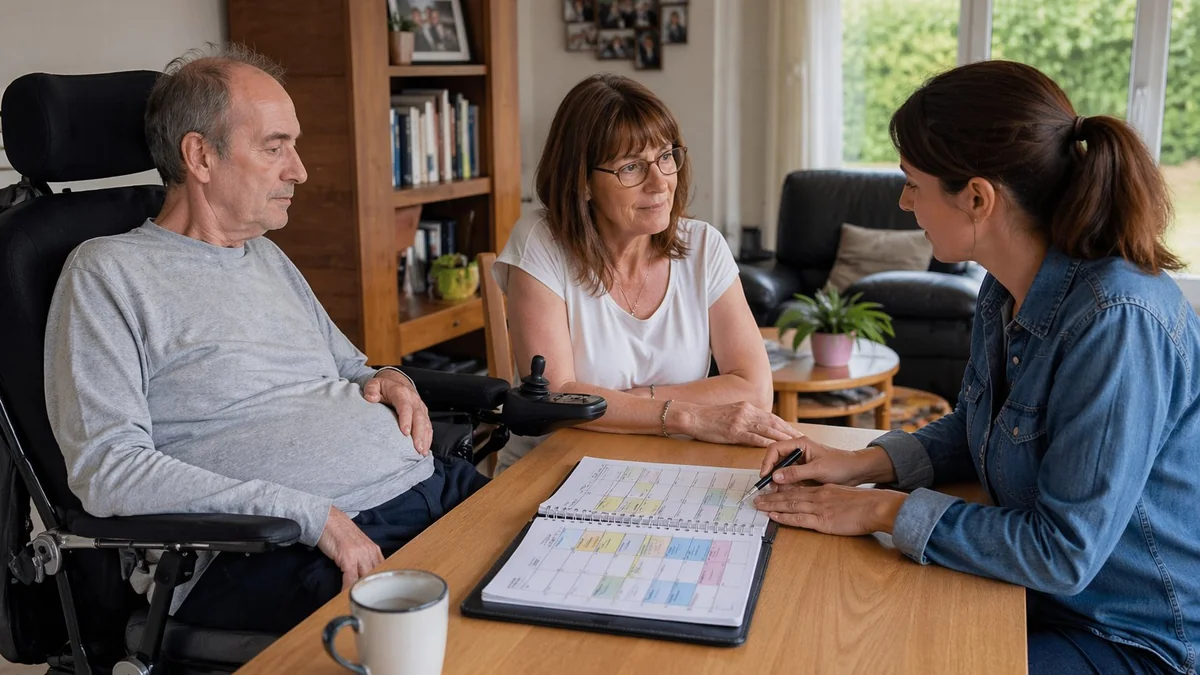 Coordinatrice présentant un planning d'aide à domicile à un patient atteint de SLA en fauteuil et son aidante