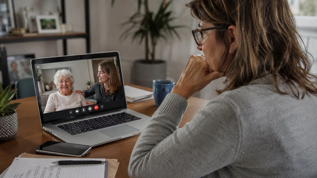 Femme en visio avec sa mère âgée et l'auxiliaire de vie, illustration de l'aidant à distance qui coordonne depuis chez lui