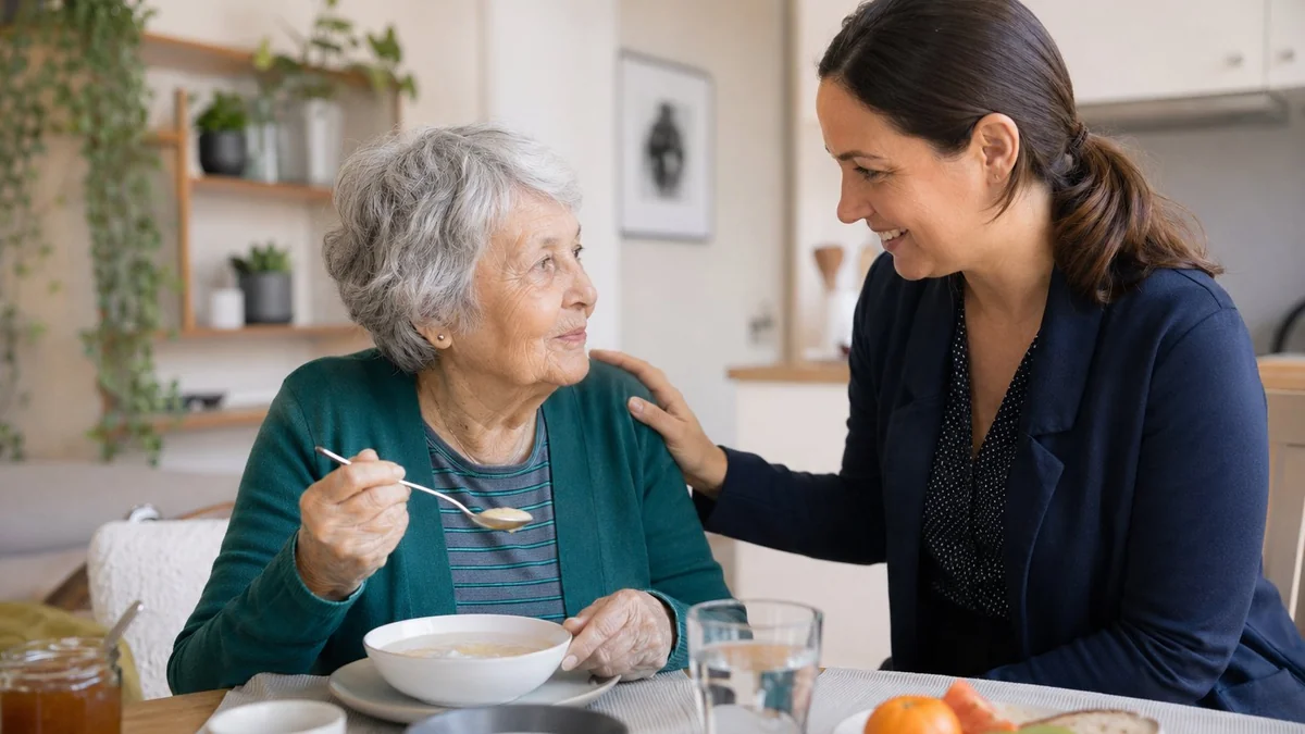Personne âgée mangeant un repas enrichi accompagnée par une auxiliaire de vie à domicile, prévention de la dénutrition