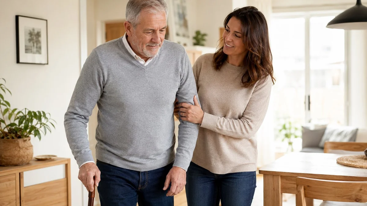 Homme âgé atteint de la maladie de Parkinson aidé à la marche par une accompagnante à domicile