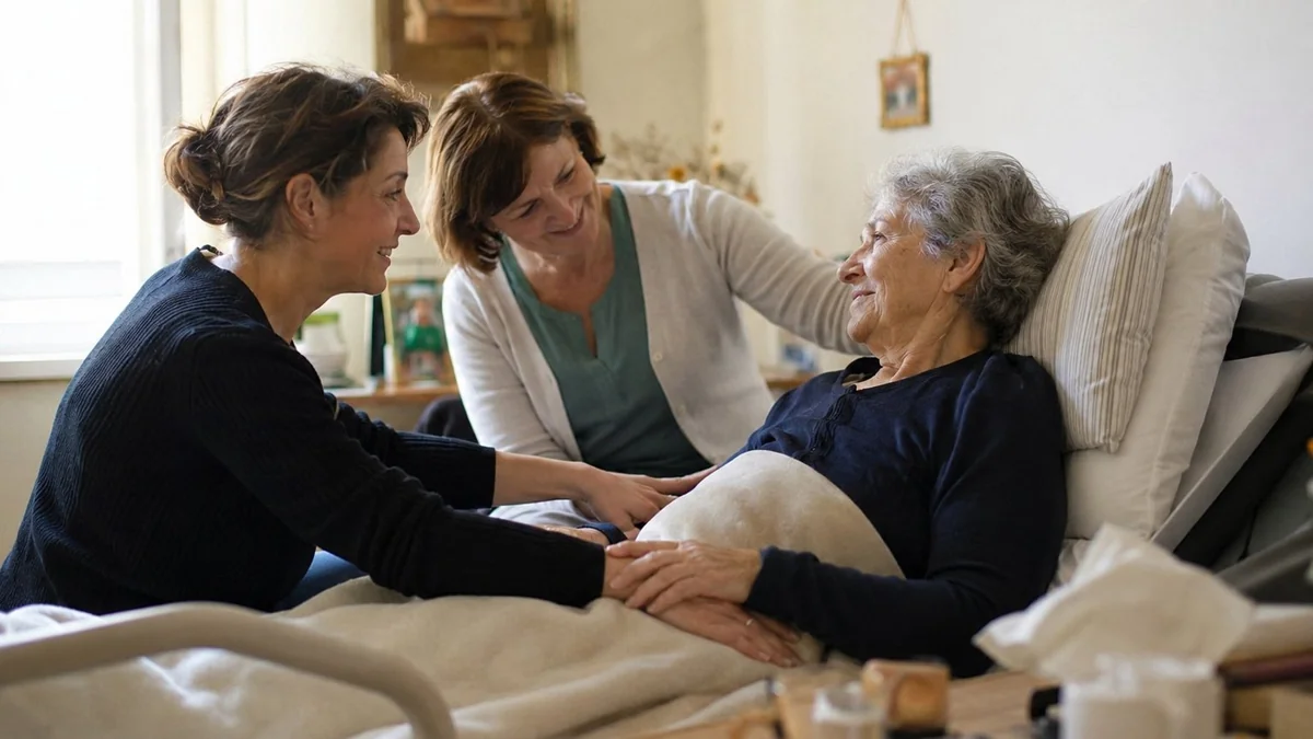Patiente âgée en soins palliatifs à domicile entourée par sa fille et son auxiliaire de vie